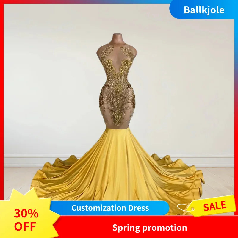 Luxurious Gold Satin Mermaid Prom Dress 2025 Sexy See-Through Design with Crystal Rhinestone Beadwork Custom for Women