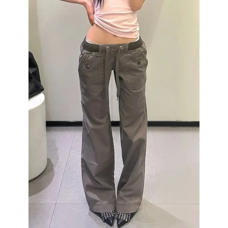 American Vintage Lace Up Denim Jeans Women Spice Girls Slim Minority Straight Pants Safari Style Hong Style Trousers