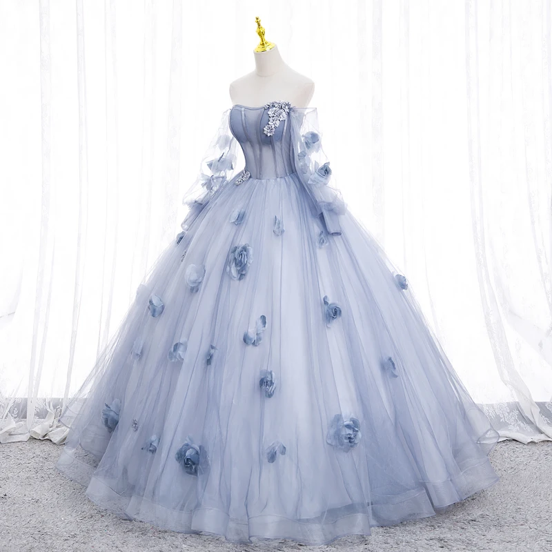 Robe de Quinceanera bleue avec appliques de fleurs en tulle, manches amovibles, robe de Rhsans bretelles, robe de soirée de Rhéducative, 15 ans, nouveau