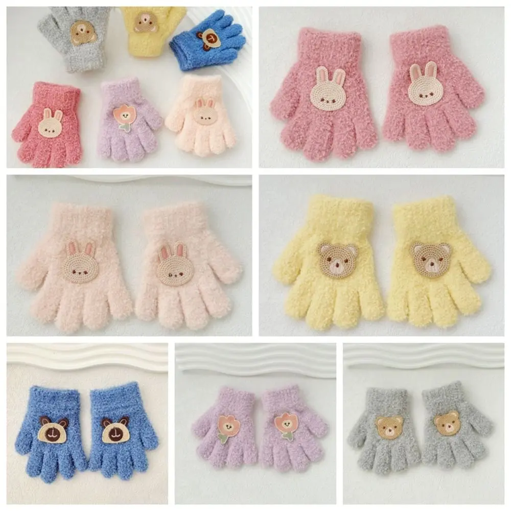 Cute Bear Baby Fluffy Gloves Rabbit Korean Style Cartoon Pattern Gloves Solid Color Full Finger Knitted Mittens Kids