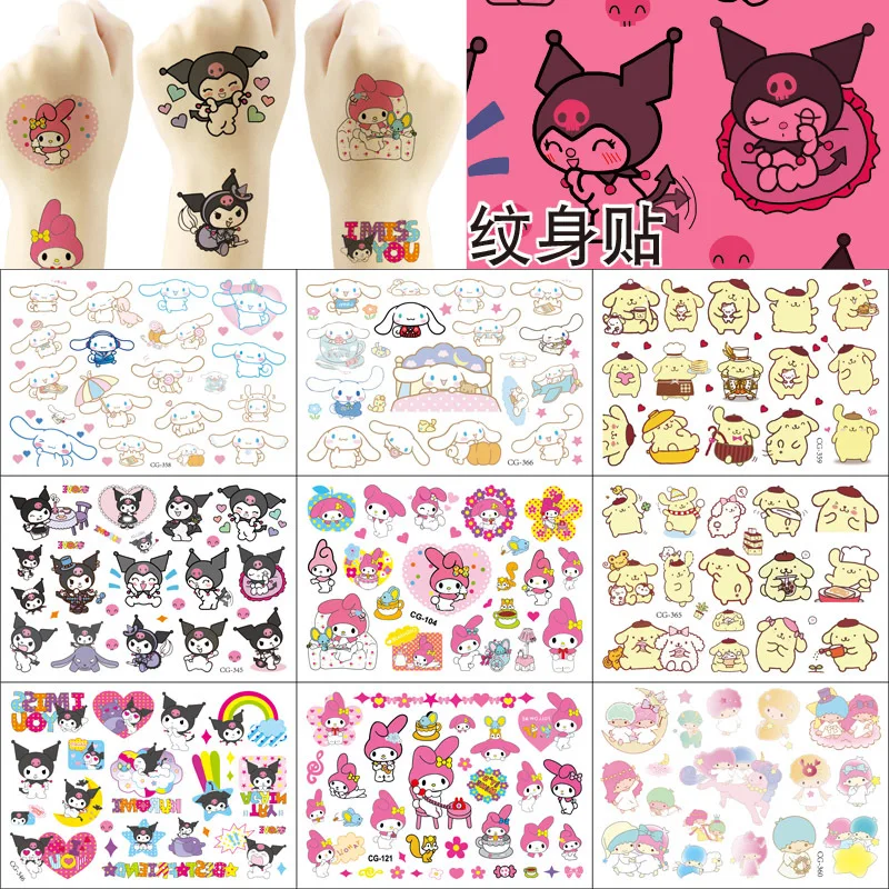 9PCS/Pack Mixed Cartoon Sanrio Tattoo Stickers  for Children Kuromi My Melody Water Transfer Printing Sticker For Kids Toys