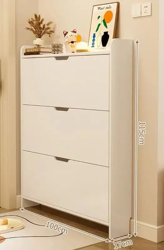 ！@Home Living Room Ultra-Thin Flip Adjustable Shoe Cabinet Modern Simple Narrow Solid Wood Frame Wall-Mounted Storage Cabinet