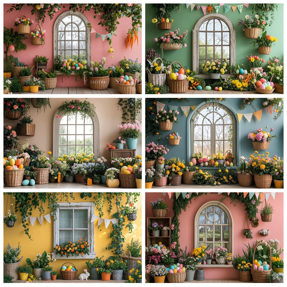 Eggs Window Spring Garden Happy Easter Day Photography Backdrops Props Fence Rabbits Butterfly Flowers Photo Background VF-01