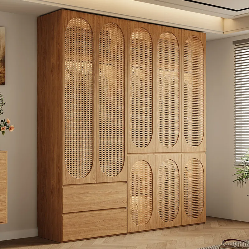 Rattan door wardrobe, home bedroom segmented non-handle wardrobe, one door to top cabinet