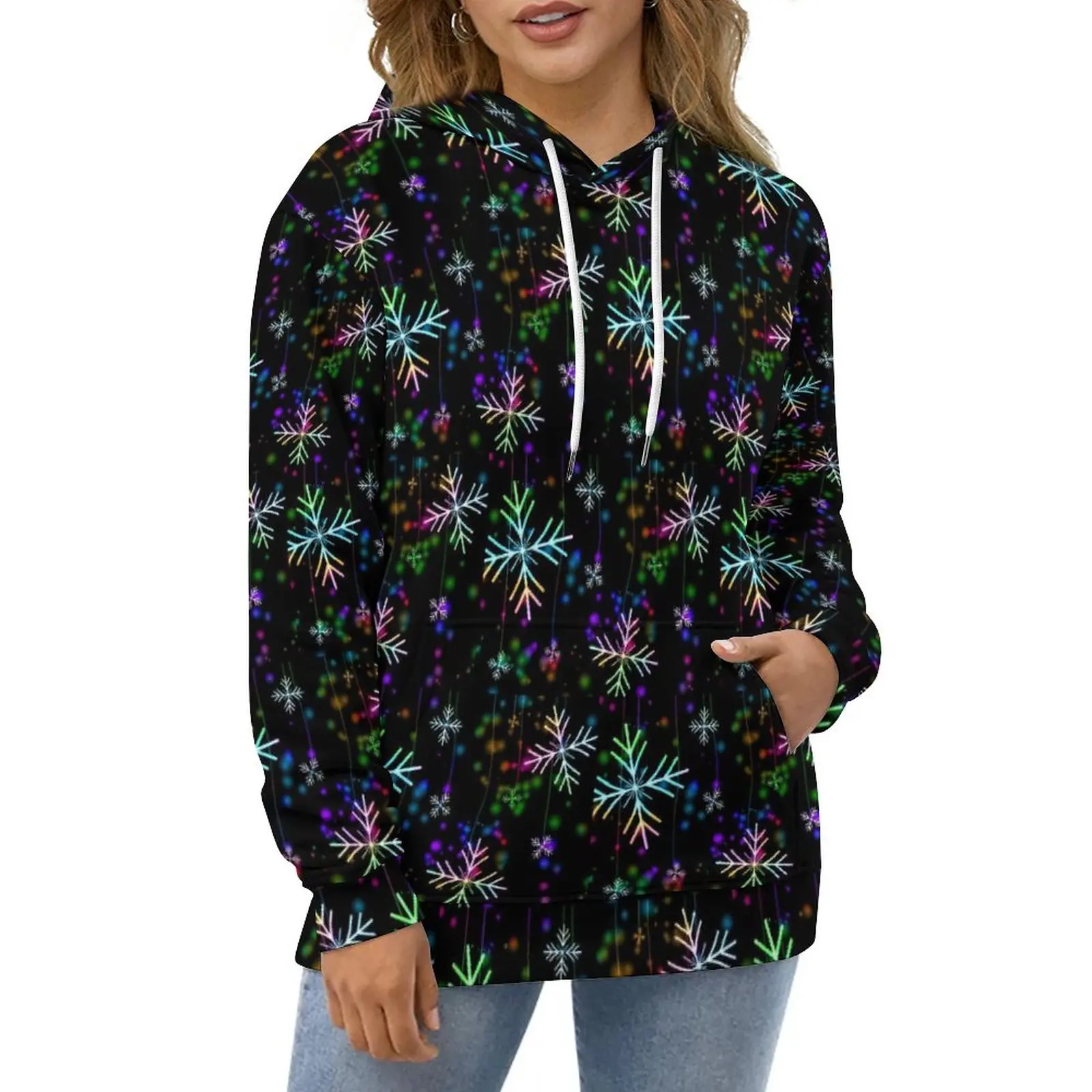 Christmas Snowflake Hoodies Colorful Print Hip Hop Oversized Pullover Hoodie Women Long Sleeve Design Casual Hooded Sweatshirts