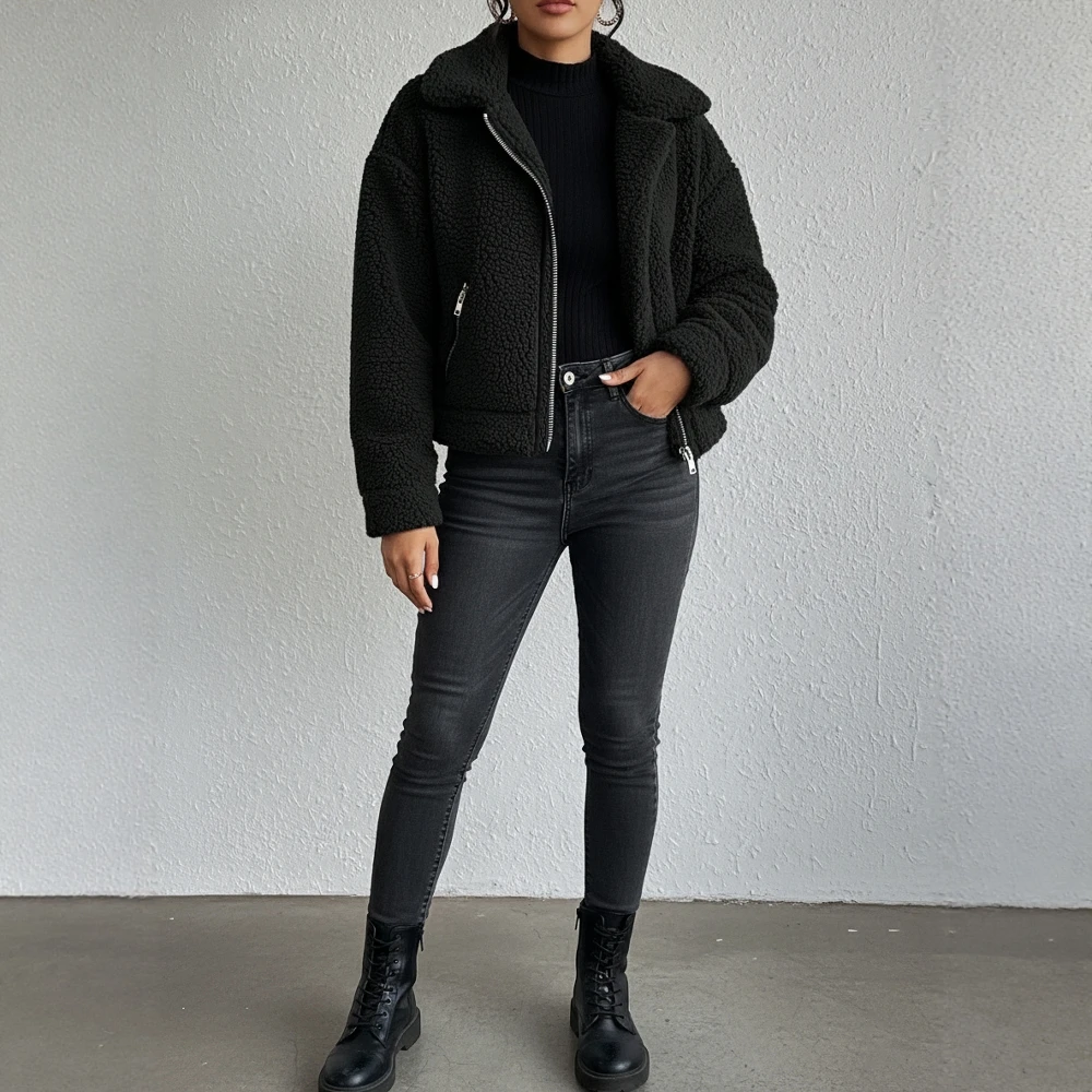 

Повседневный стиль, осенне-зимняя куртка с отложным воротником, без украшений, женская верхняя одежда, модная верхняя одежда для смены сезонов