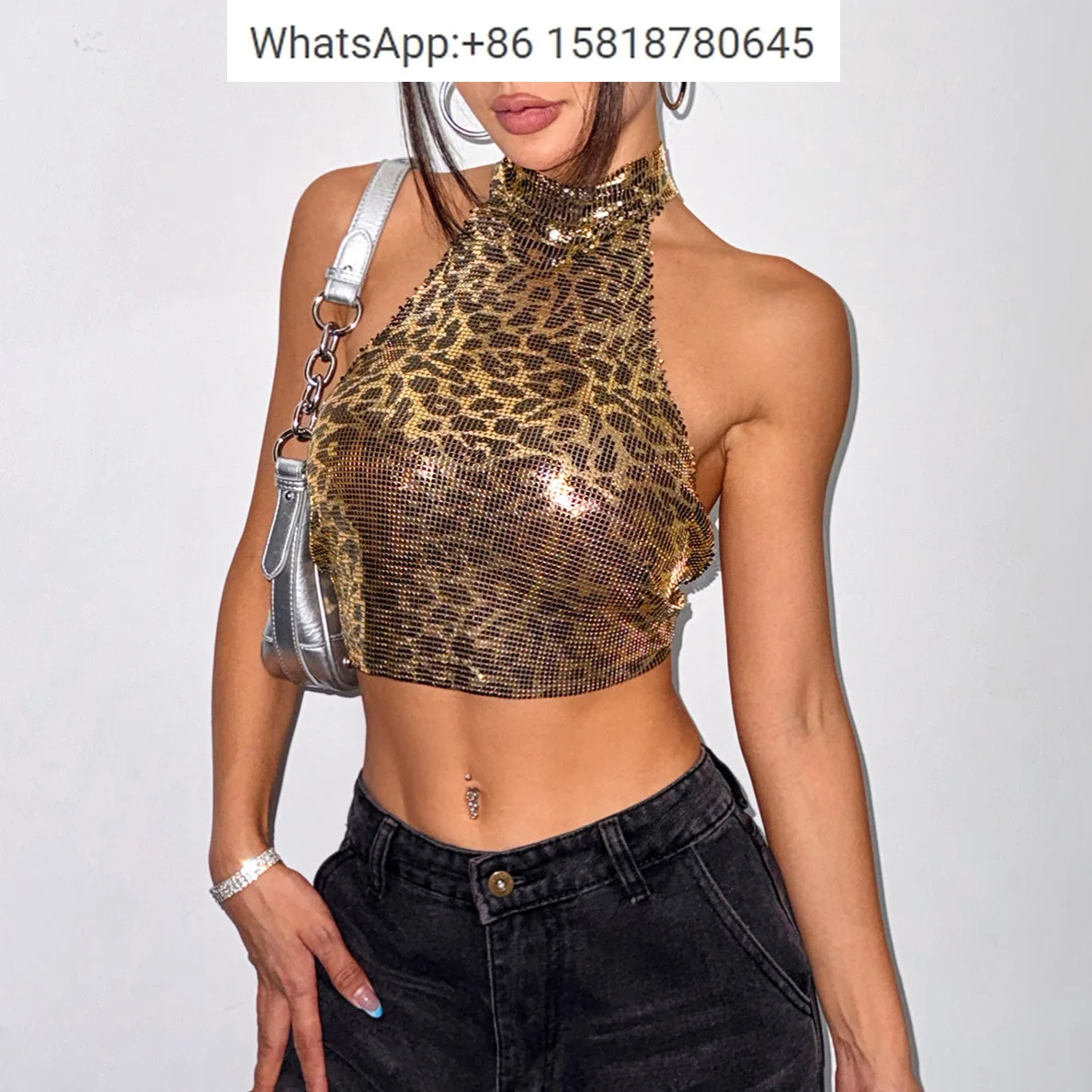 Euro American leopard print hot girl small vest sexy halter neck suspenders metal sequin top music festival outfit suspenders