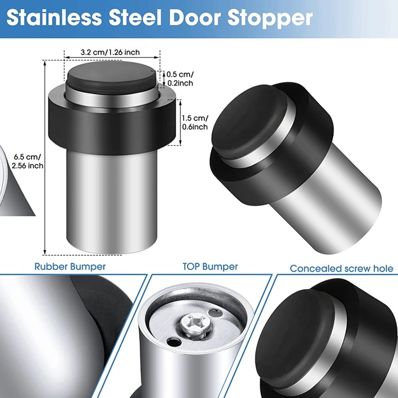 New 6Pieces Door Stops Floor Mounted Door Stopper Stainless Steel Cylindrical Floor Door Stop For Bottom Or Top Of Door