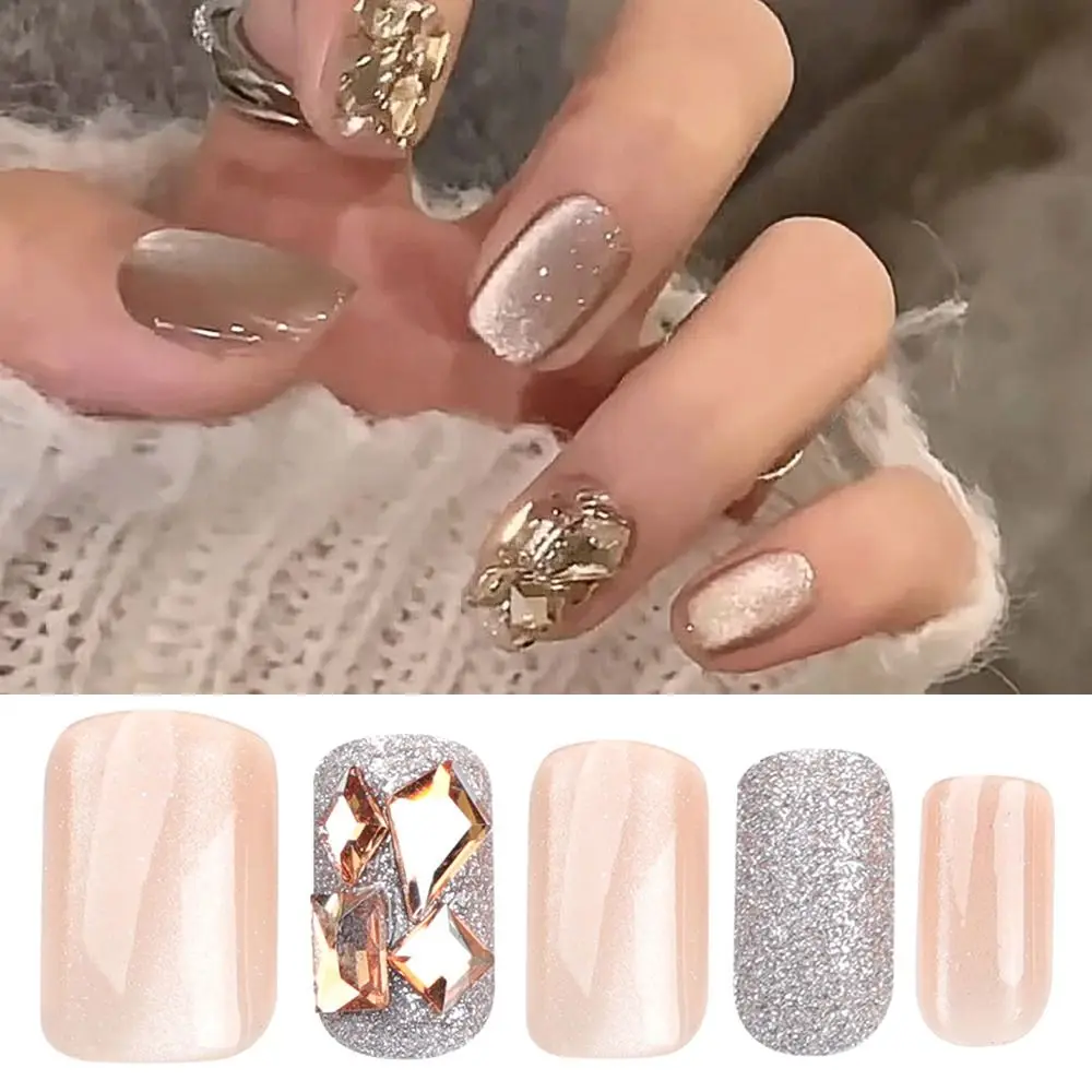 New Long Square False Nails French Shining Crystal Fake Nials Detachable Silver Cat Eye Nail Tips DIY