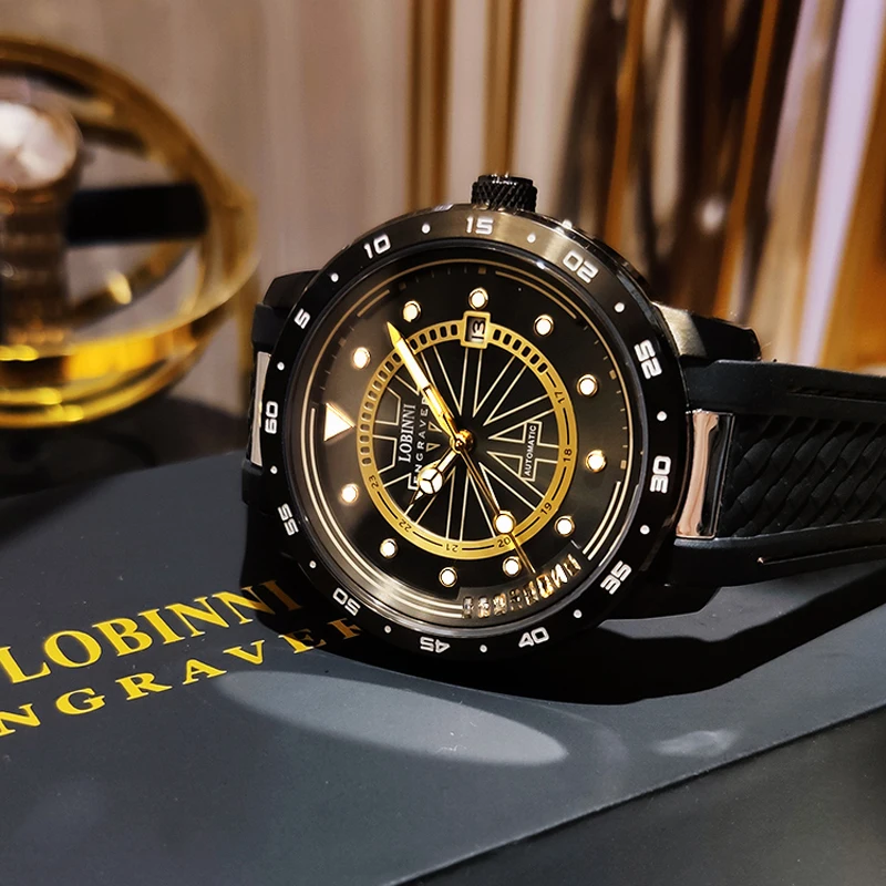 LOBINNI Orologio meccanico automatico da uomo nuovo Movimento MIYOTA Orologio da polso con cinturino in caucciù con specchio in zaffiro Orologio luminoso per il tempo libero