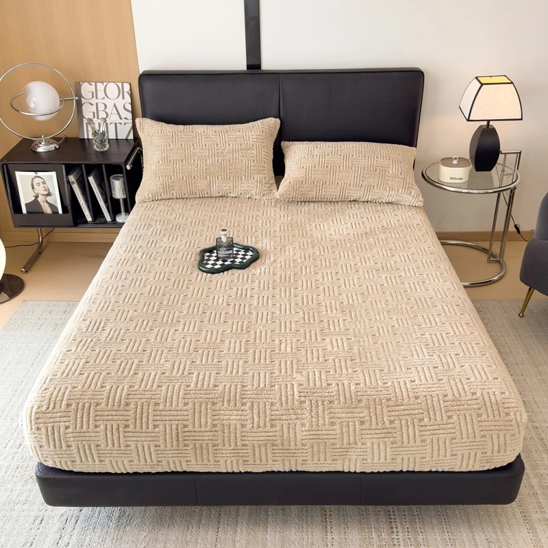 Winter Embossed Plush Fitted Sheet Soft Warm Coral Velvet Mattress Protector Cover Queen Size Deep Pocket Elastic Bed Sheet Set