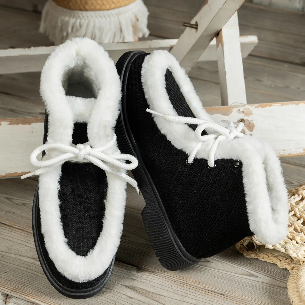 Women Faux Fur Fleece Lined Thermal Flat Snow Shoes Comfortable Lightweight Winter Keep Warm Boat Shoes Loafers Shoes