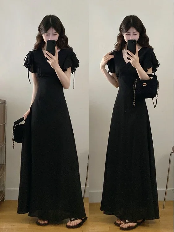 

Elegant V-neck Hepburn Style plus Size Dress Slimming Long Skirt Gentle High-end Feeling Conceal Meat Show Thinness Dress