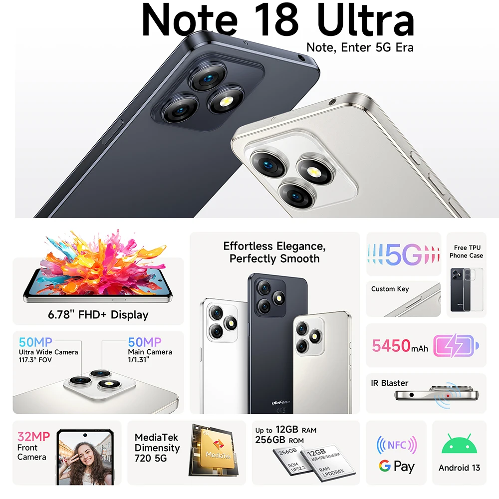 Ulefone Note 18 Ultra,12 Гб(6+6)+256 Гб,5G Dimensity 720,NFC,5450 мАч,Android 13,50MP Camera,глобальная версия