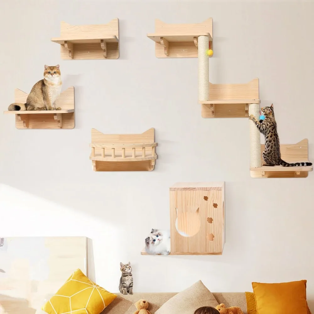 

5pieces of pet furniture, cat ledge, comfortable climbing perch, with grab posts, 2 wall steps,cat wall hammock, apartment house