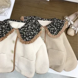 Mädchen Mantel Herbst Winter neue Kinder Kleidung Baby Verdickung Blumen kragen Flut offenen Stich 2024 drehen Kragen Druck