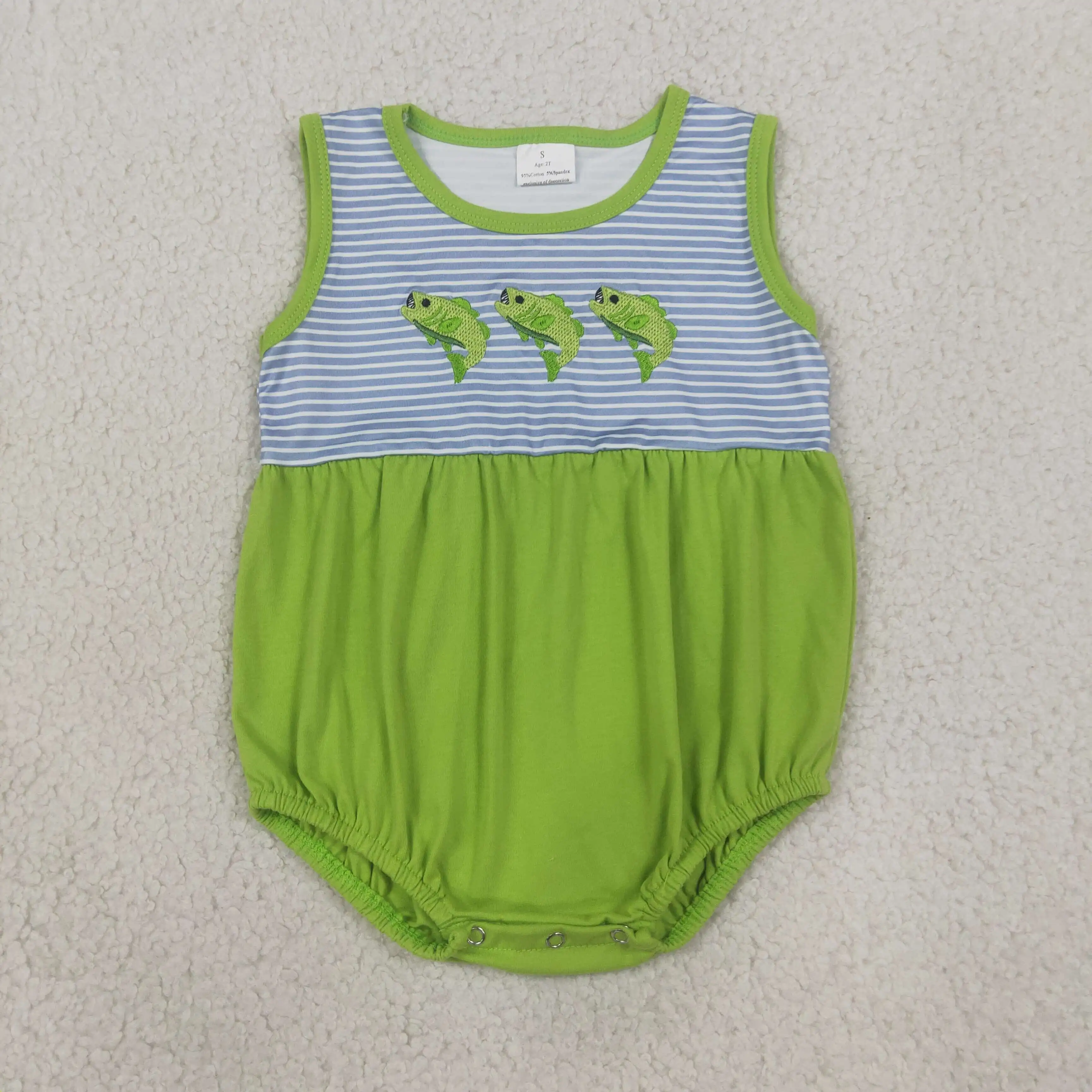 Wholesale Infant Boys Embroidery  Newborn Clothes Toddler Baby Boy Sleeveless Fish Stripe Bubble Romper Kids Children Jumpsuit