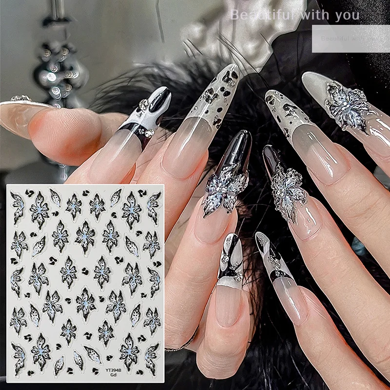 

Black Lily Flower Nail Sticker Relief 3D Jelly Five Petal Flower Nail Art Decoration Decals Diy Nail Art Jelly Sticker