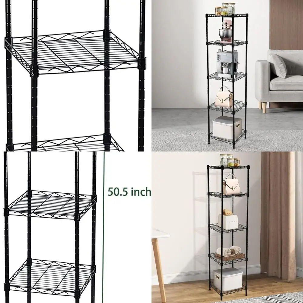 

Регулируемый 5-ярусный стеллаж для домашнего хранения глянцевого черного цвета — 11,8 x 11,8 x 50,5