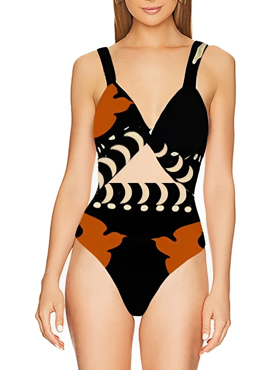 2024 Hollow Out Print Swimsuit Women One Piece V Neck Swimwear Female Beachwear Bathers Bathing Swimming Swim Suit