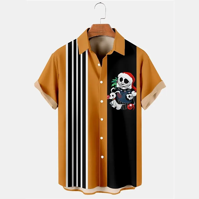 

Skull Christmas Men's Shirt Casual Holiday Christmas Shirt 3D Print Men's Open Plaid Stand Collar Short Sleeve Shirt