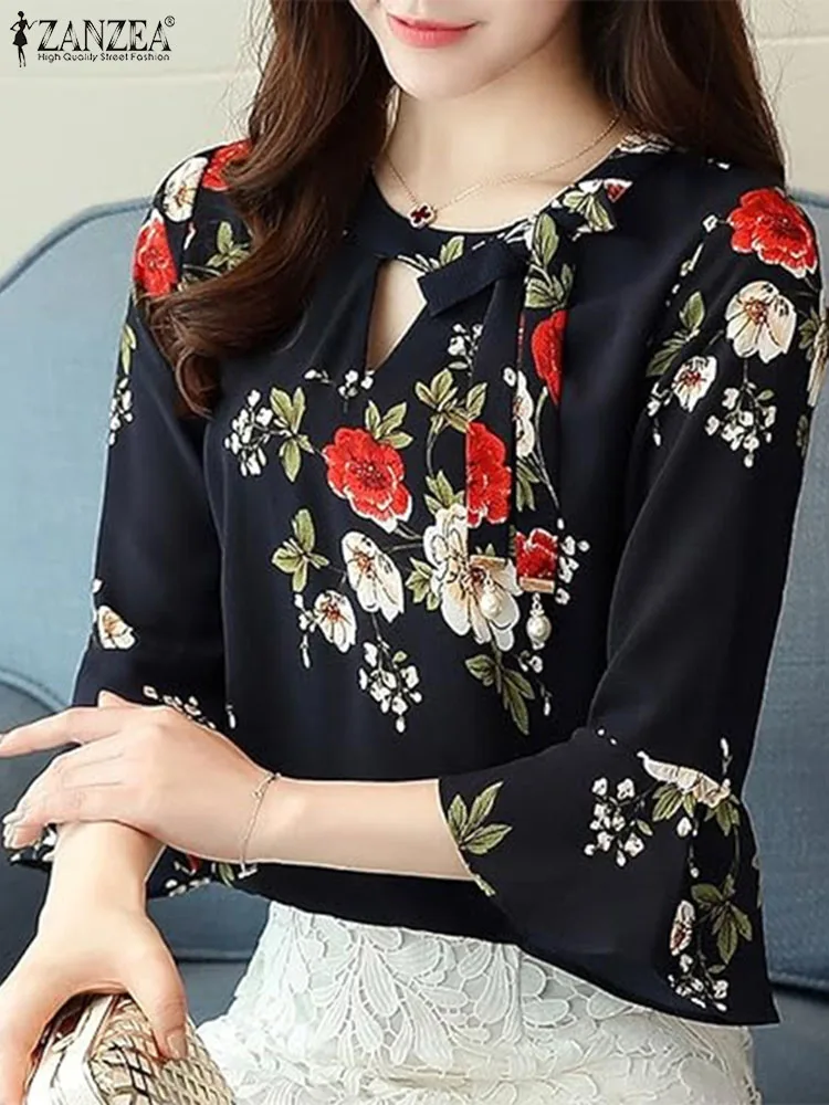 

Summer Stylish Floral Printed Blouse Women 3/4 Sleeve Office Shirt 2024 ZANZEA Bohemian OL Party Blusas Female Lace Up Tops 2024