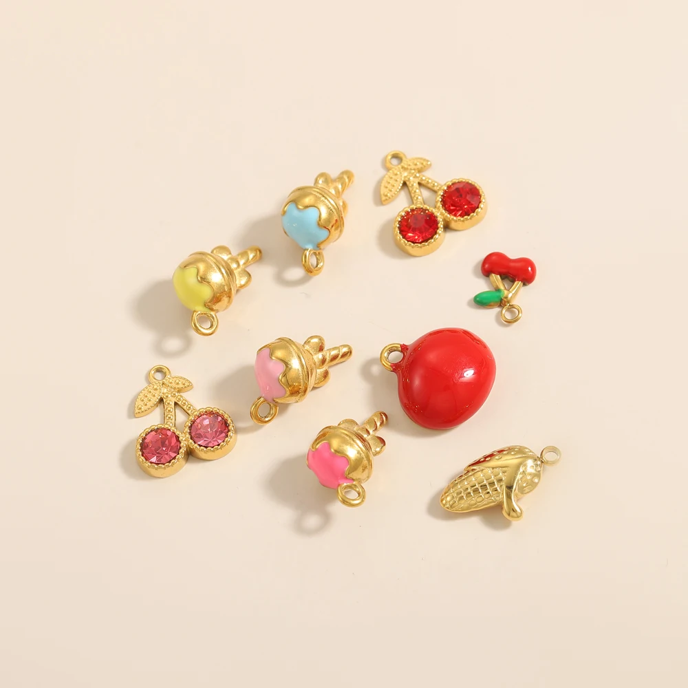 

CARLIDANA Cute Handmade DIY Charm Ice Cream Cherry Pendant Stainless Steel Oil Drop Fruit Pendant Accessories Fashion Jewelry