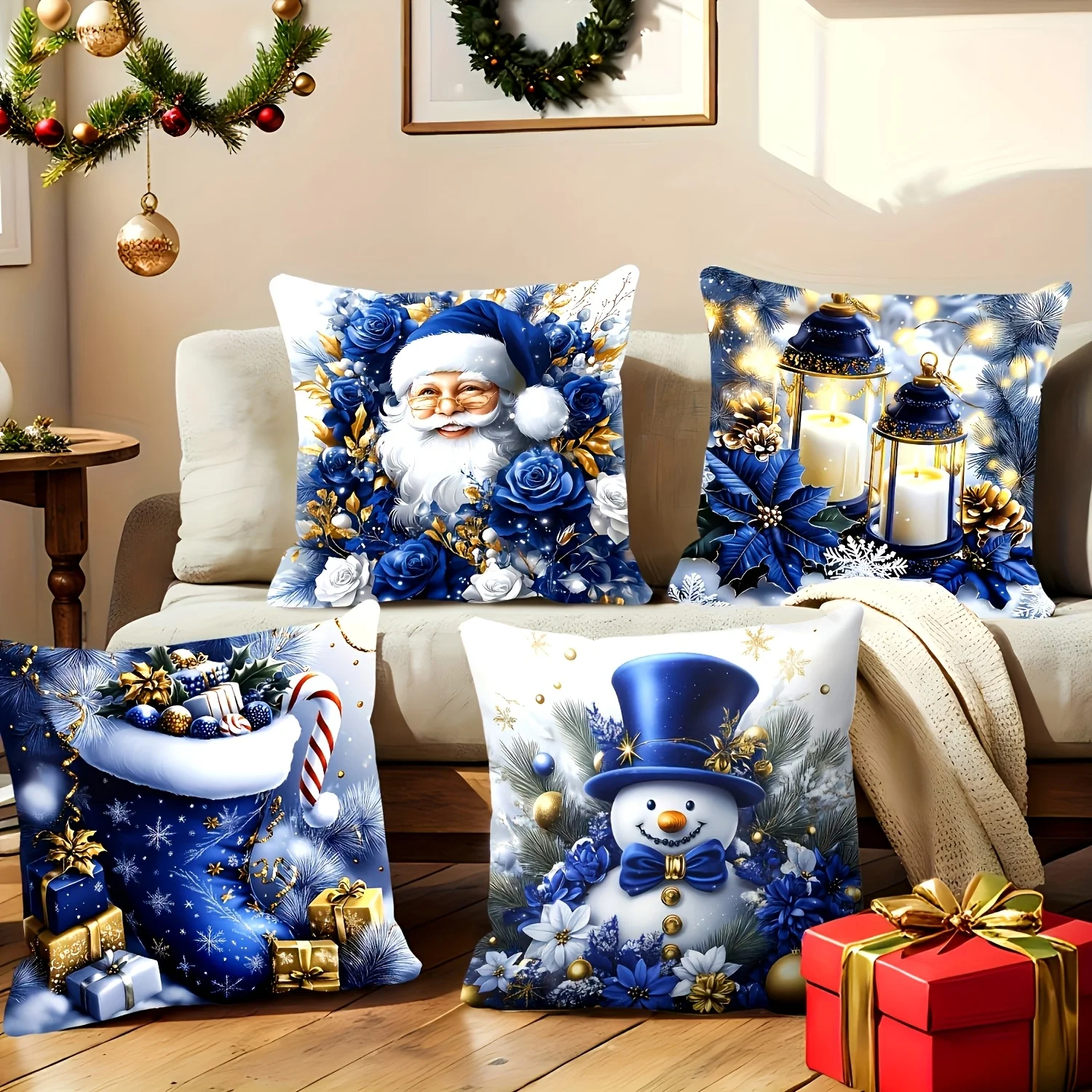 4PCS Short Plush Pillow Covers, Dark Blue Xmas Tree Reindeer Print, Super Soft for Room Office Home Car Decor, No Insert