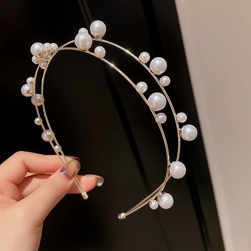 Imitation Pearl Flower Leaces Lint Double Layered Hairbands for Women Simple Luxury Jewelry Girls Party Daily Charms Accessories