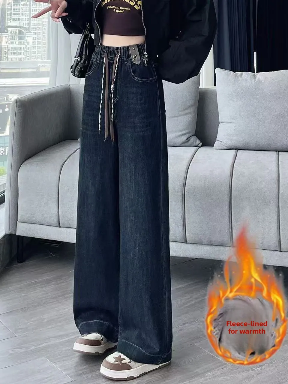 

High Waist Wide Leg Jeans Women's Fce Lined Elastic Waist Denim Pants Vintage Straight Cut Trousers Autumn Winter New Sle