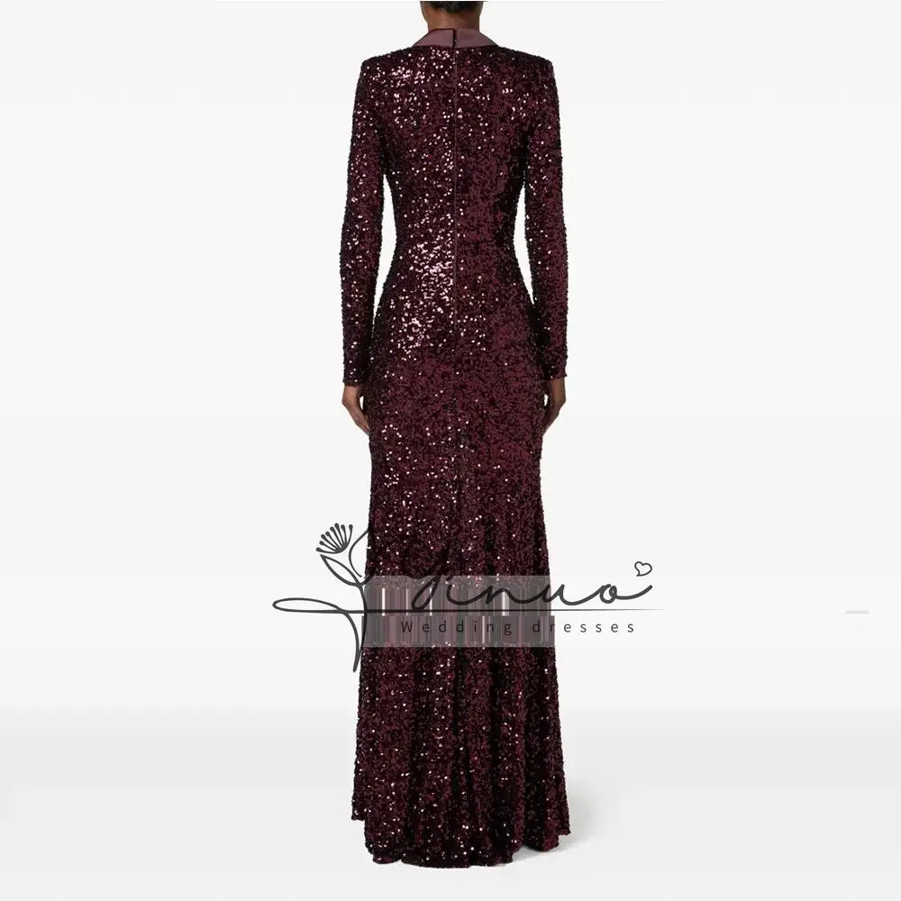 customized  Gliter Dark Burgundy Sequin Women's Evening Gown Sheath Saudi Dress V Neck Formal Party Dress Floor Length Prom Dres