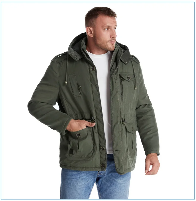 Men Oversized Hooded Lamb Fleece Parkas Men Thick Multi Pocket Mid Length Outerwear Winter Thick Parkas Males Thermal Parkas