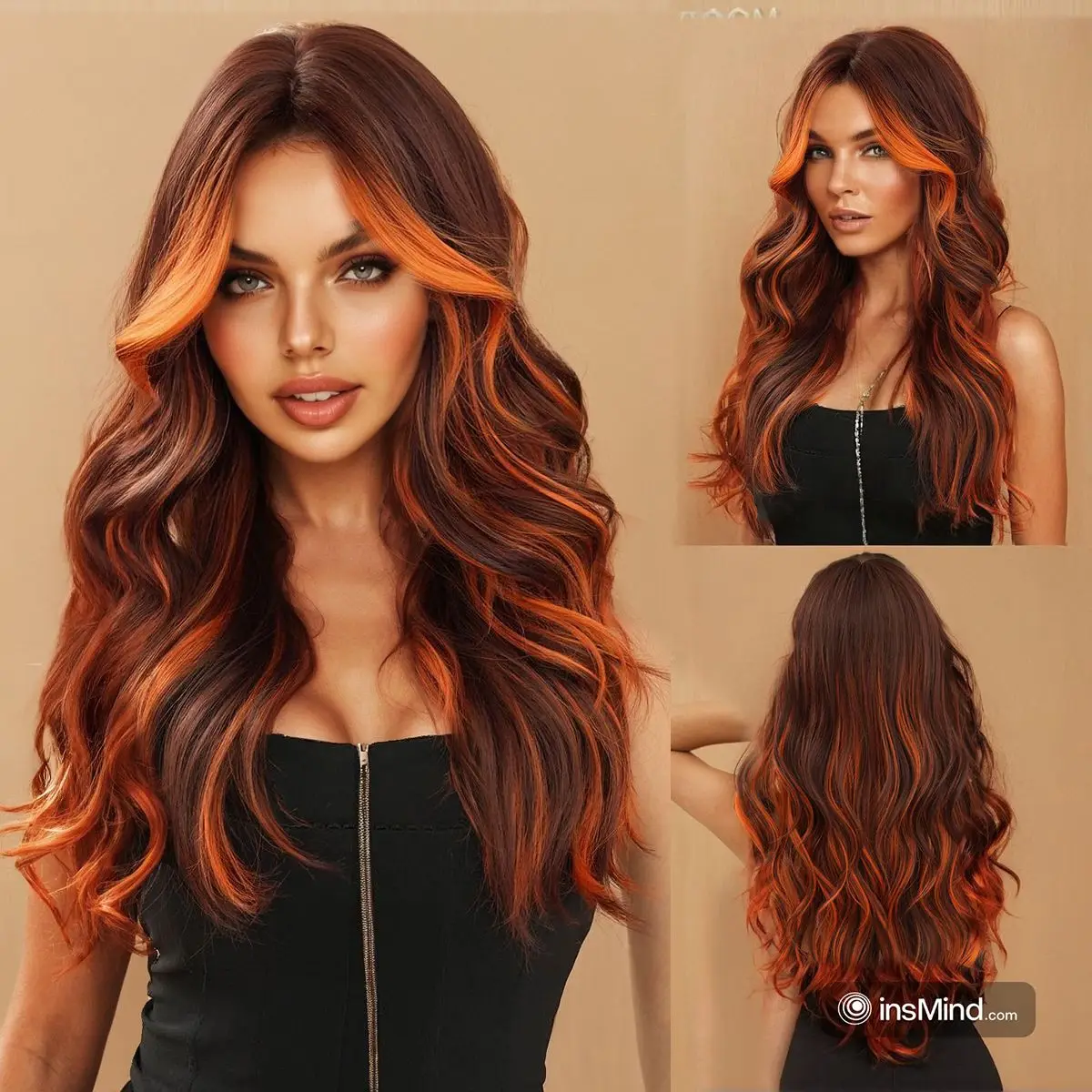 

Anxin Long Wavy Highlight Brown Bright Ginger Curtain Bangs Synthetic Wig with Dark Root Auburn Wig for Women Daily Party Use