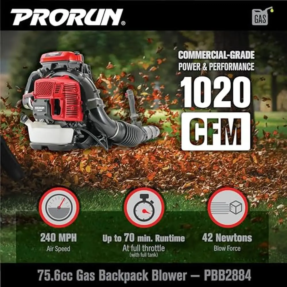 Gas-Powered 2-Cycle Backpack Leaf Blower 75.6cc 4.2 HP Engine 1020 CFM 240 MPH Commercial Grade Cruise Control Anti-Vibration