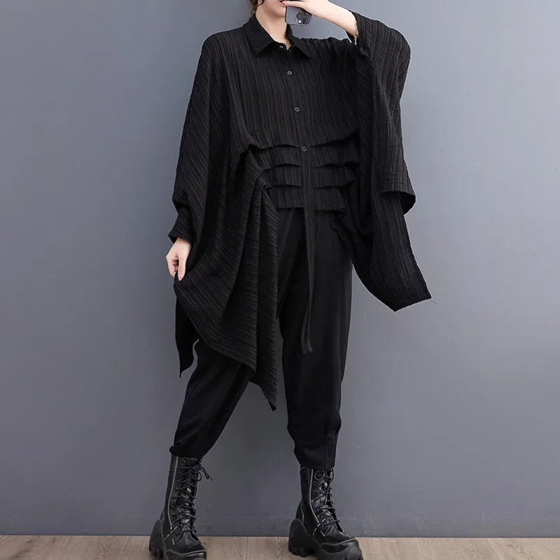 #2801 Black Green Irregular Shirt Women Batwing Sleeve Loose Long Streetwear Hip Hop Womens Tops And Blouses Folds Korean Style