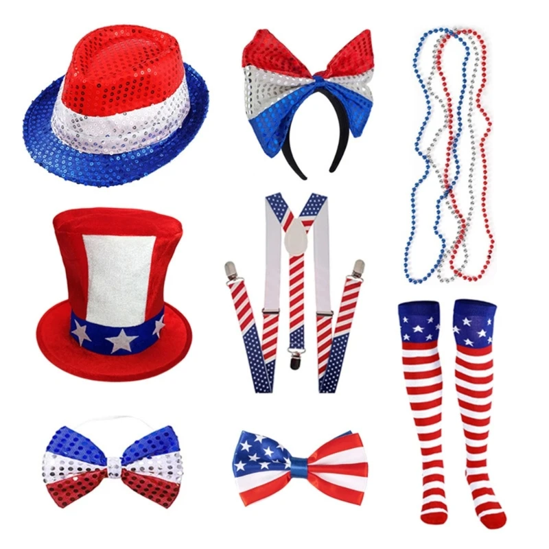 Independance Day Costume Uncle-Sam Accessories Top Hat Sequins Hat Headband Necklaces Stockings for Women & Men