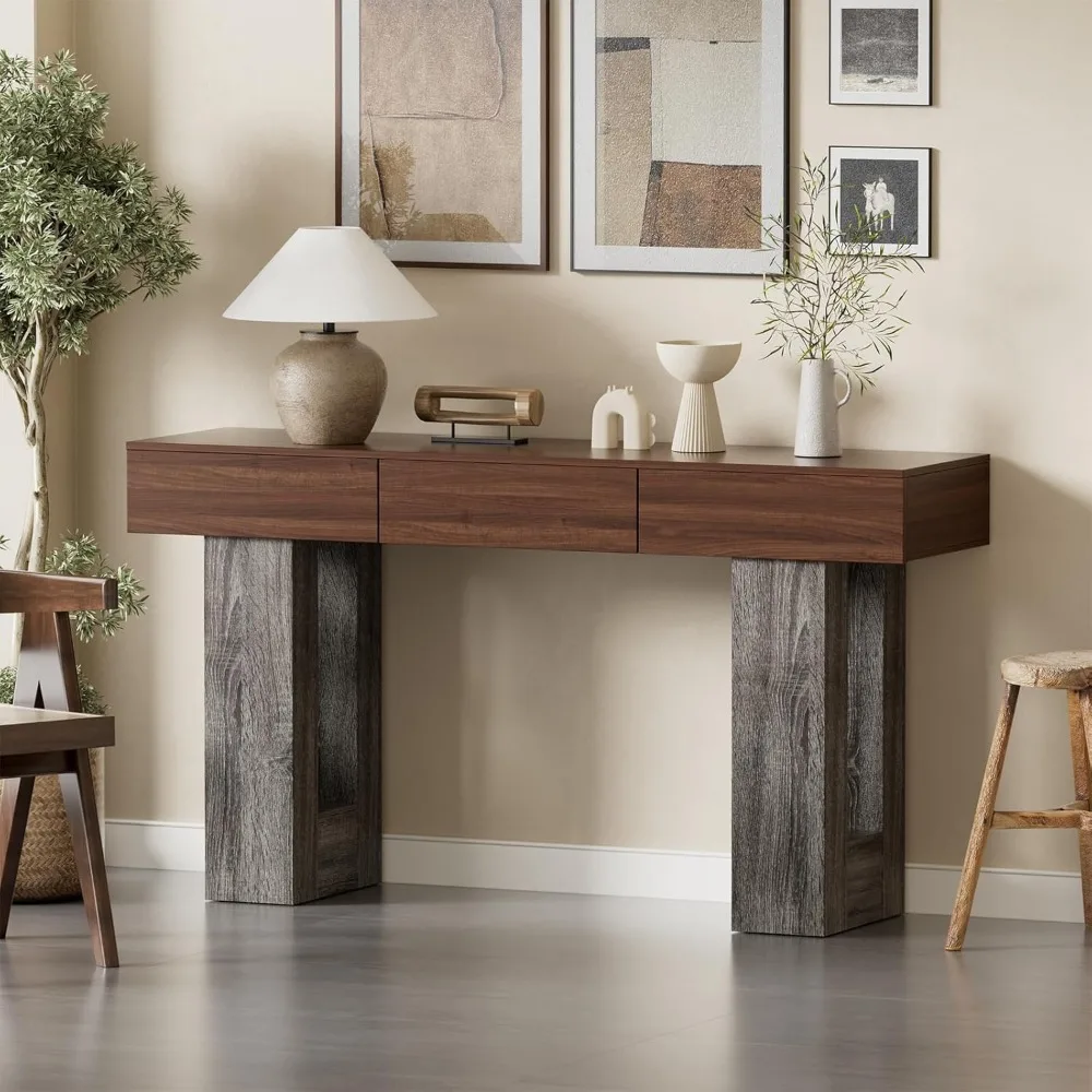 Farmhouse Style 63 LED Lighted Console Table with Storage Drawers, Wooden Entryway Sofa Table