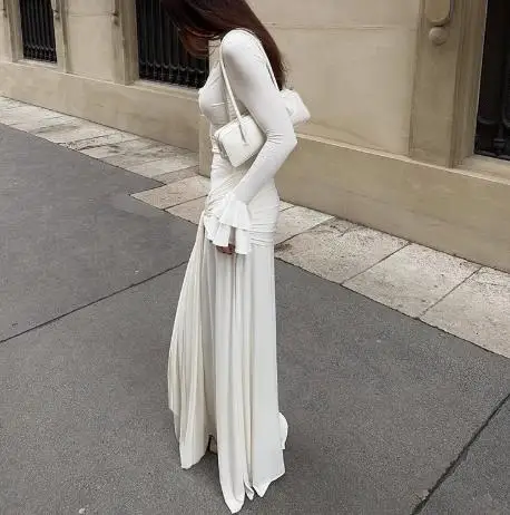 Abito elegante da donna 2026 Primavera con scollo a V in pizzo con giunture in vita Abito aderente a maniche lunghe aderente adatto per banchetti