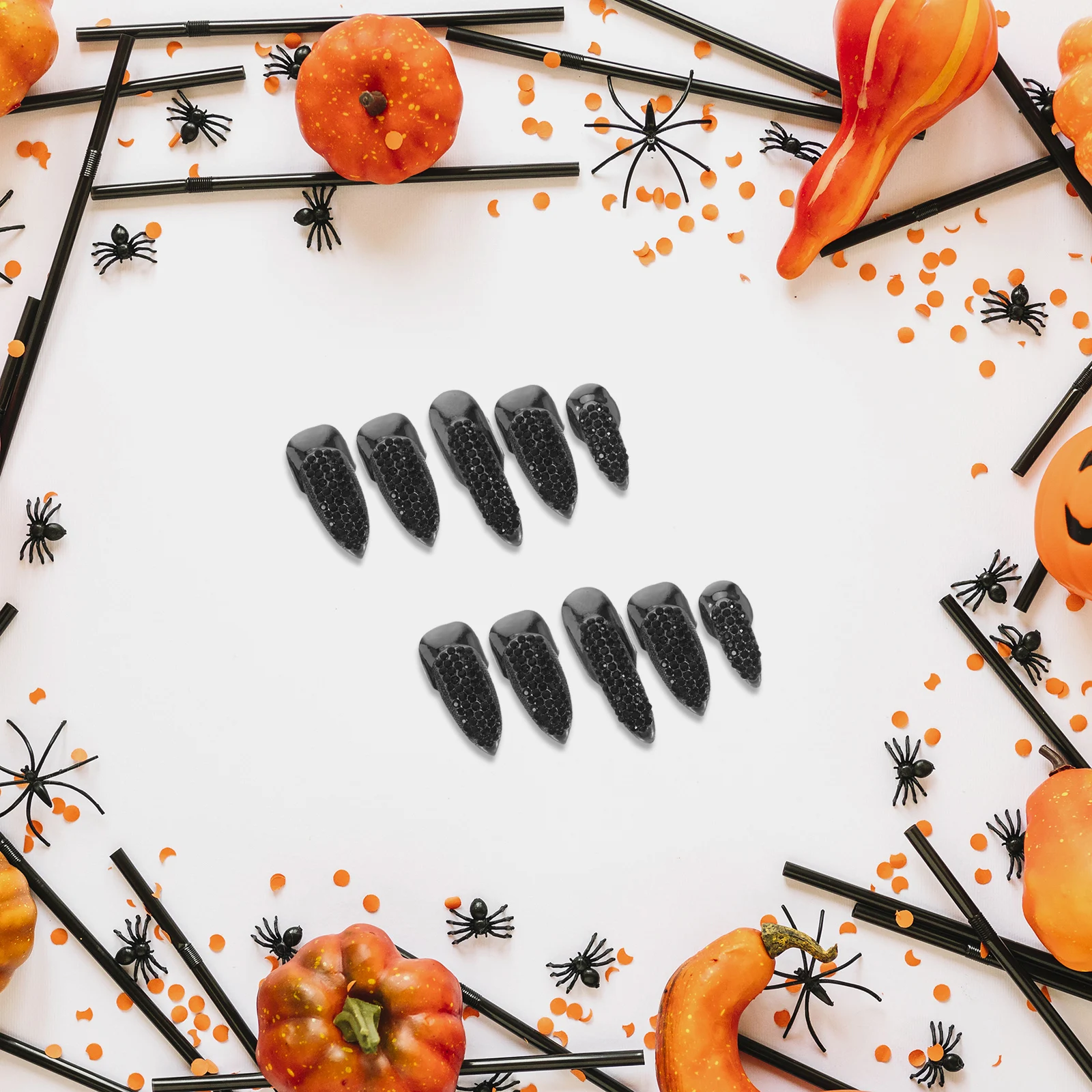 

10Pcs False Nail Claw Gothic Finger Rings Punk Sizes Cosplay Costume Ball Decoration Black Rhinestone