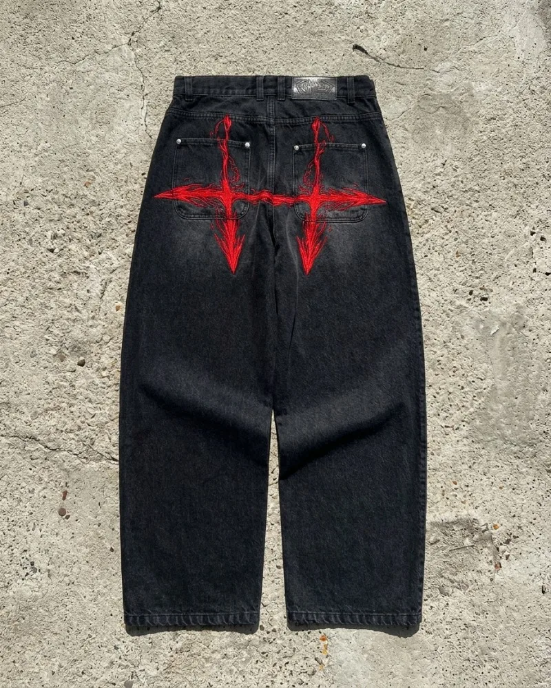 

Y2K Vintage Harajuku Baggy Jeans Men Red Goth Embroidery Black Wide Leg Denim Pants Streetwear Hip Hop Grunge Cyber Style Jeans