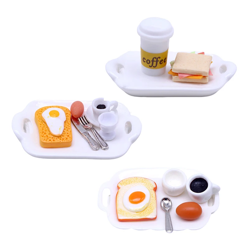 1Set 1:12 Dollhouse Miniature Toast Bread Coffee Egg Fork Spoon with Dinner Plate Kitchen Breakfast Model Decor Toy