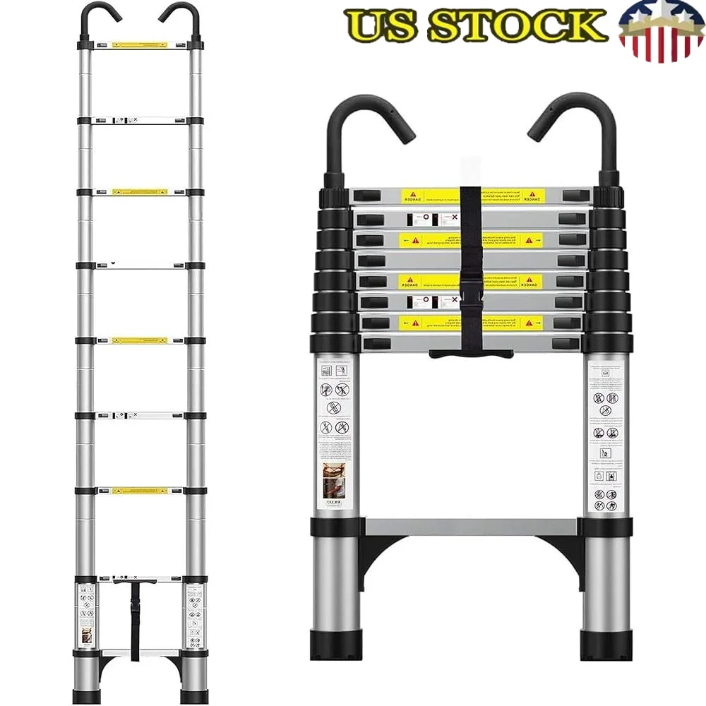 

Телескопическая алюминиевая удлинительная лестница 8,5 футов с крючками-стабилизаторами, вместимость 330 фунтов, нескользящая легкая портативная складная лестница