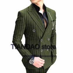 Men's Striped Suit 2 Piece Double Breasted Jacket Set Business Formal Blazer Pants Male Wedding Groom Tuxedo