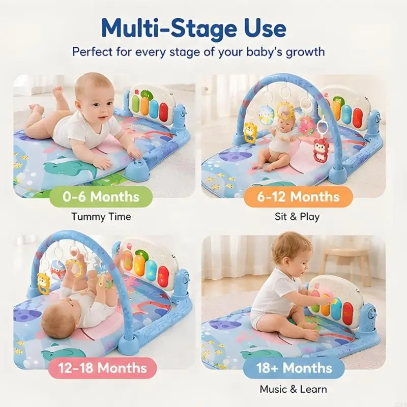 Baby Play Gym for 0 Months and Up with Kick Piano Mat, Hanging Activities, and 4 Large Colorful Keys for Floor Play A2UB