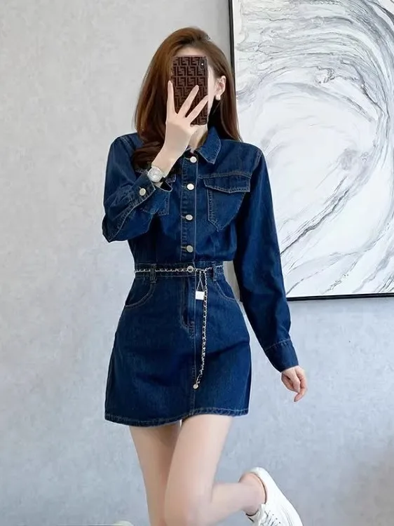 Vestido vaquero de talla grande para mujer, primavera-otoño, cintura alta, manga larga, falda corta con peto, estilo universitario, línea A, para tallas grandes