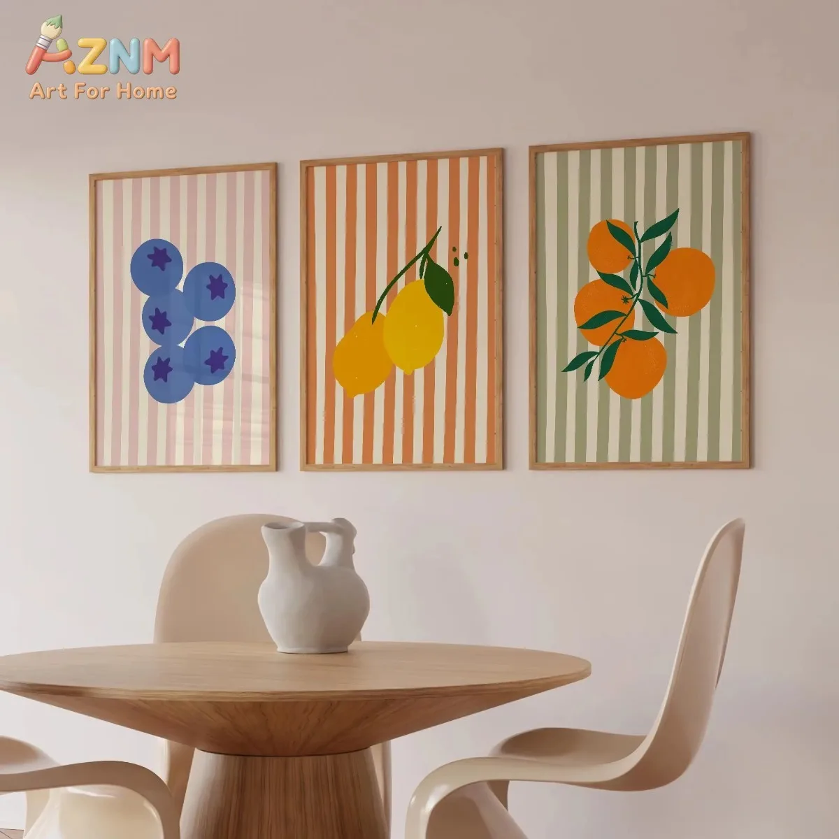 AZNM Spring Pastoral Fruit Main Image Set Canvas Art Striped Kitchen Blueberry Lemon Orange Frameless Poster Kitchen Home Decor