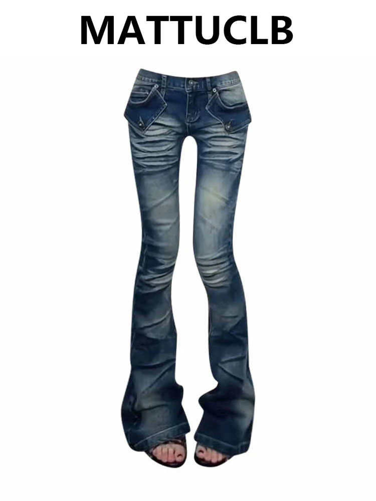 Women's Flared Jeans American Retro Low Rise Stacked Jeans Long Trousers Gyaru Denim Pants Bell Bottom Y2k Japanese Streetwear