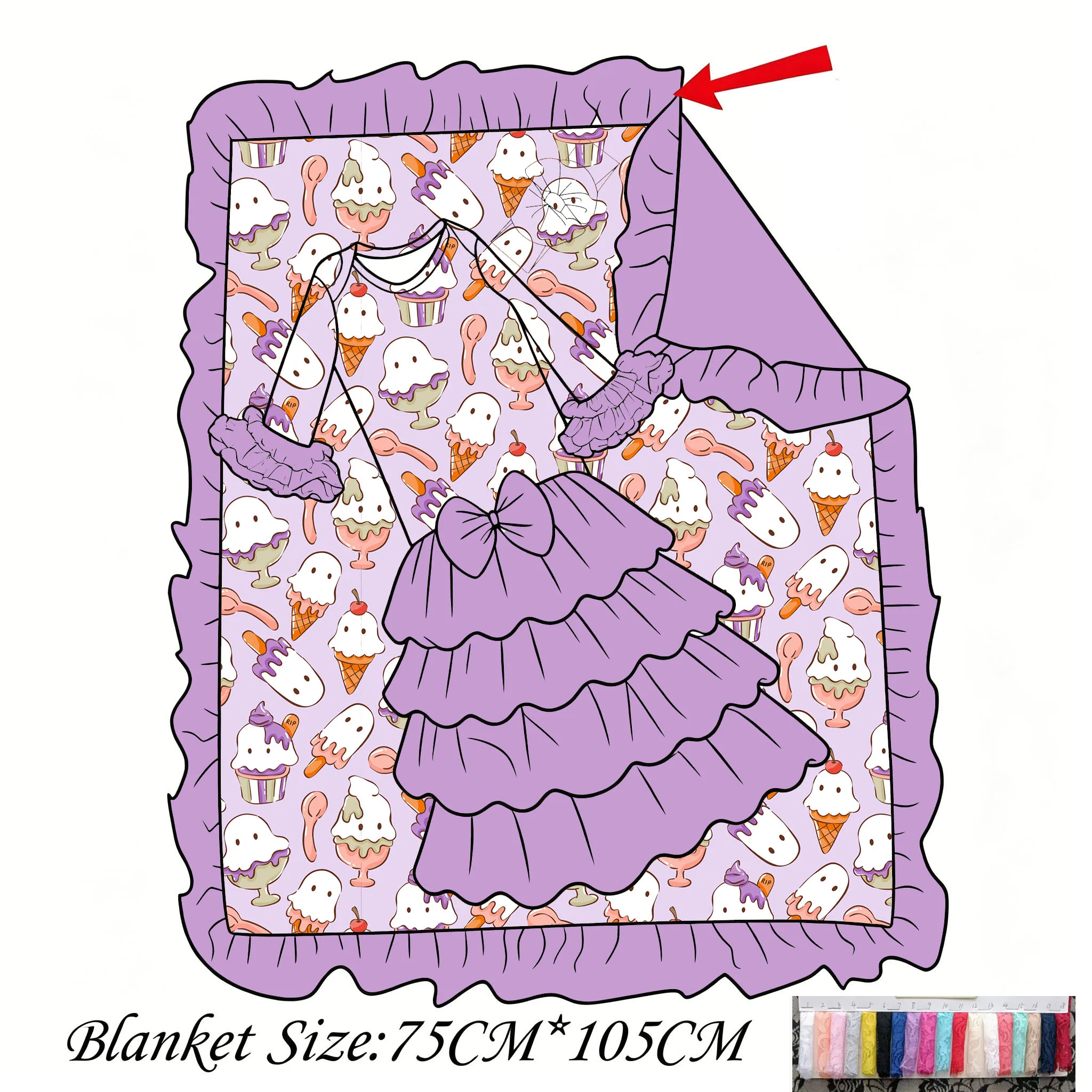 Halloween Print Baby Girl Lace Mesh Cuffs and Hem Long Sleeves and Pants Romper Matching Blanket Two-Piece Set