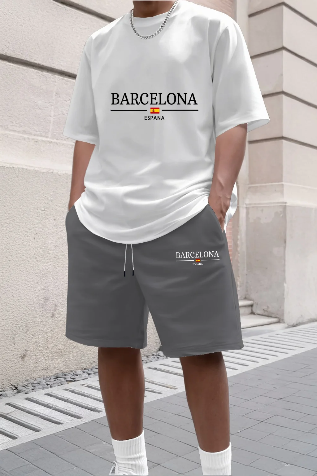 

Summer men's casual sports loose+MILANO printed comfortable shopping round neck short sleeved T-shirt top shorts set