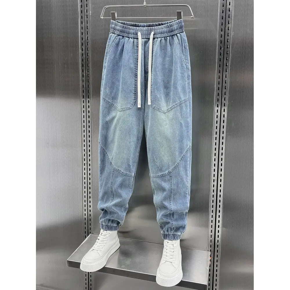 

Korean Men's Slim Fit Denim Jeans Casual Harem Pants Spring Autumn Washed Retro Blue Jeans Elastic Waistband Baggy Pants